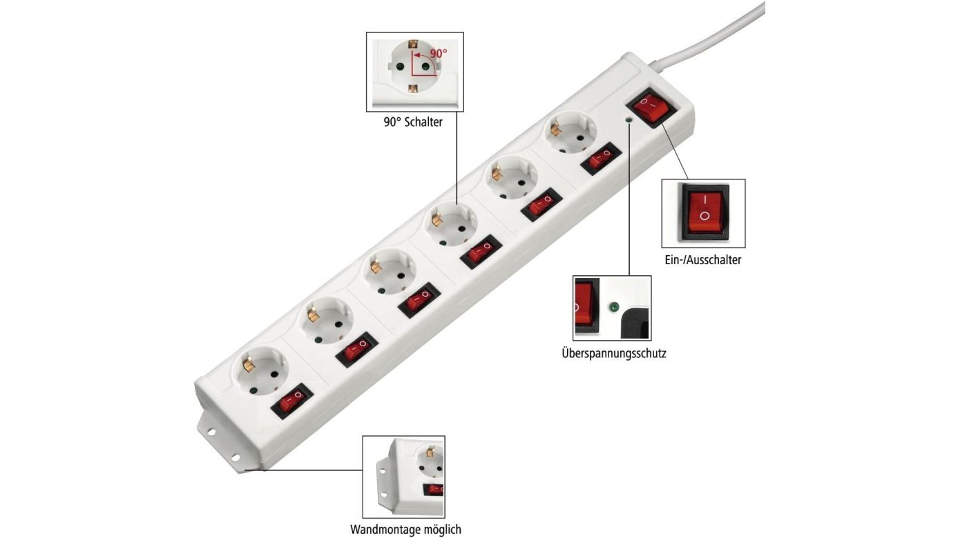 Hama Steckdosenleiste 6-fach XL weiß, einzeln schaltbar mit Überspannungsschutz